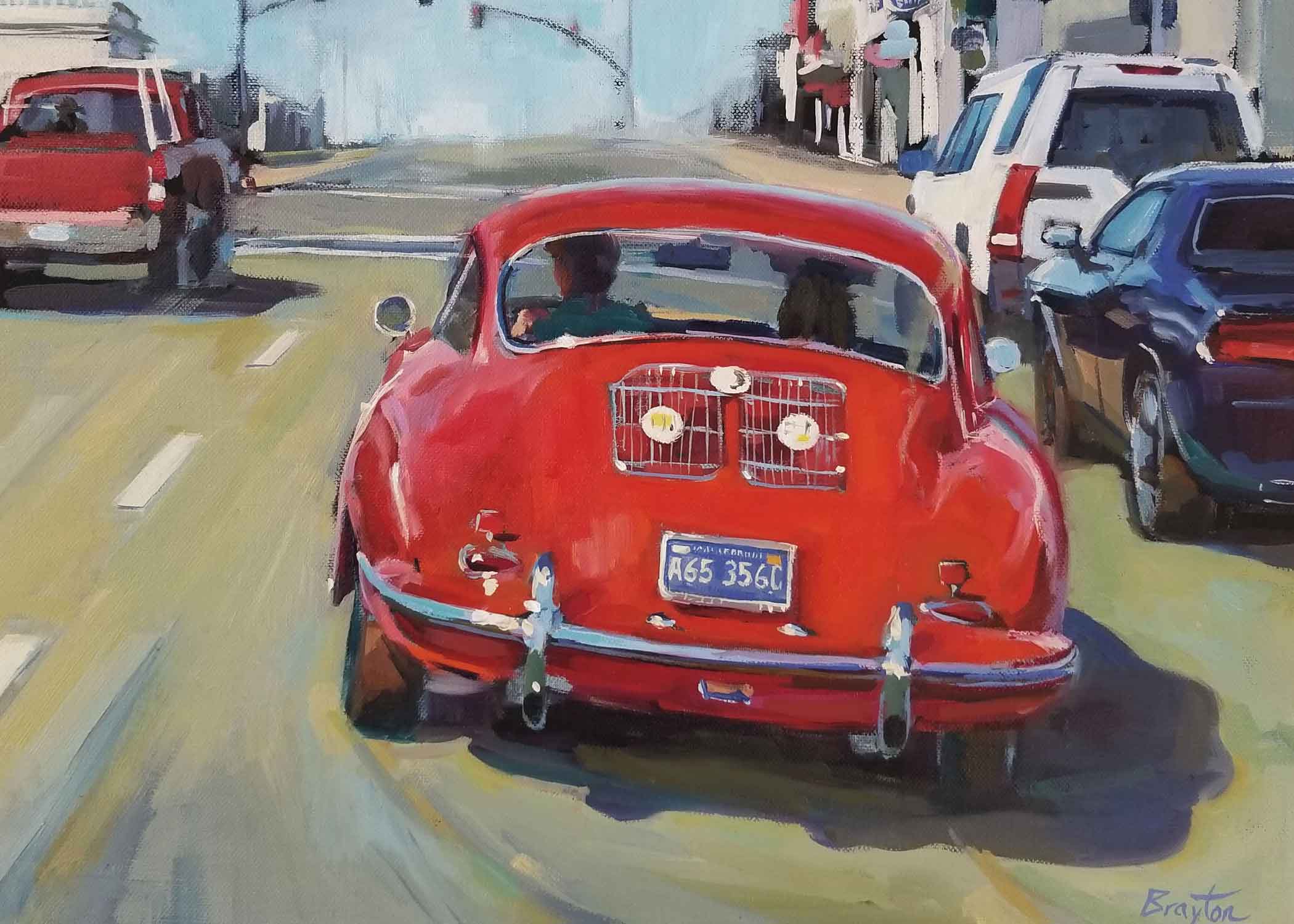 painting of red car driving away