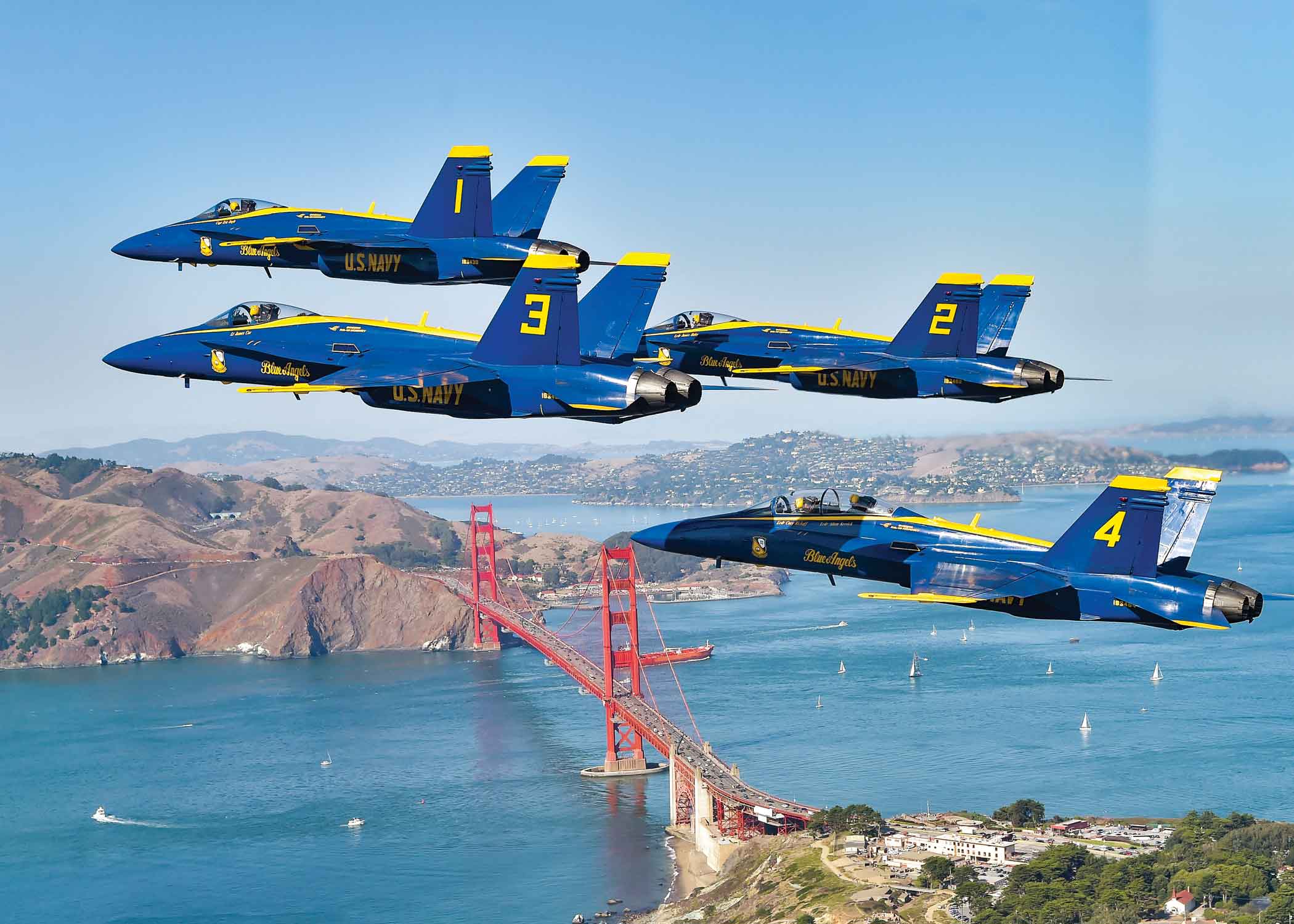 Blue Angel planes flying above the Golden Gate Bridge