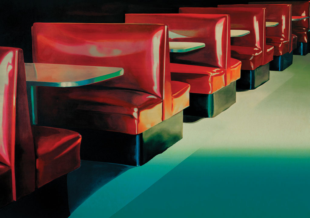 painting of red restaurant booths in a row