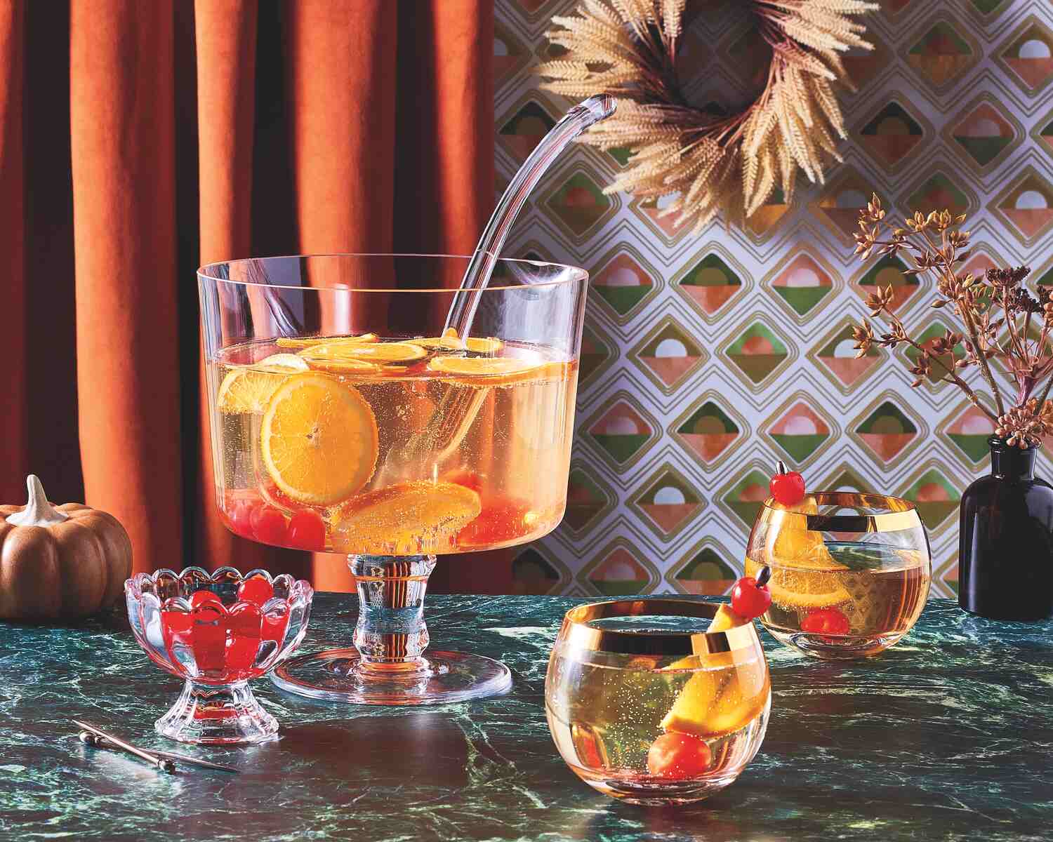 large cocktail punch bowl with glasses