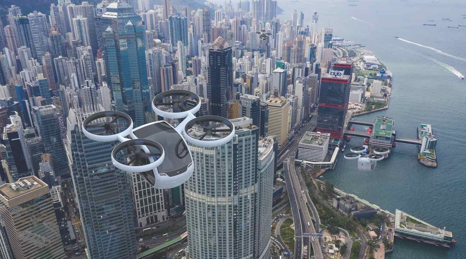 drones hovering above city for skyway