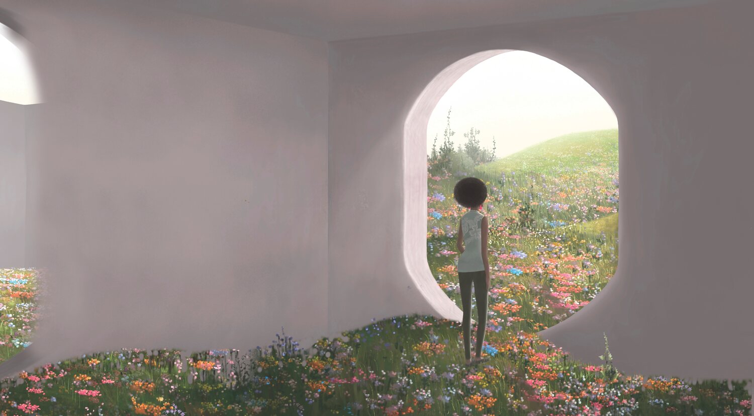 psychedelic illustration of woman standing in doorway in garden