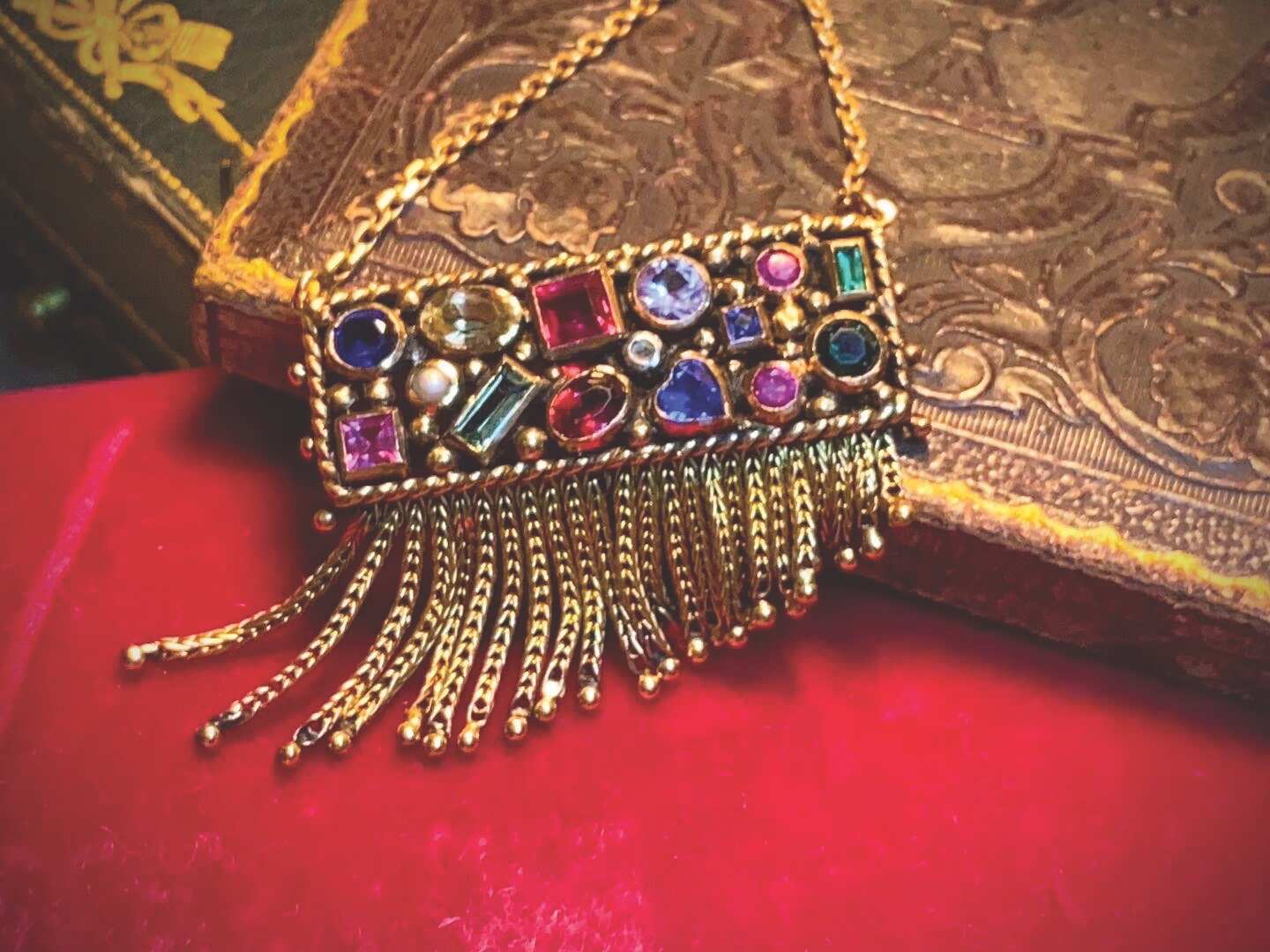 bejeweled necklace with gold tassels