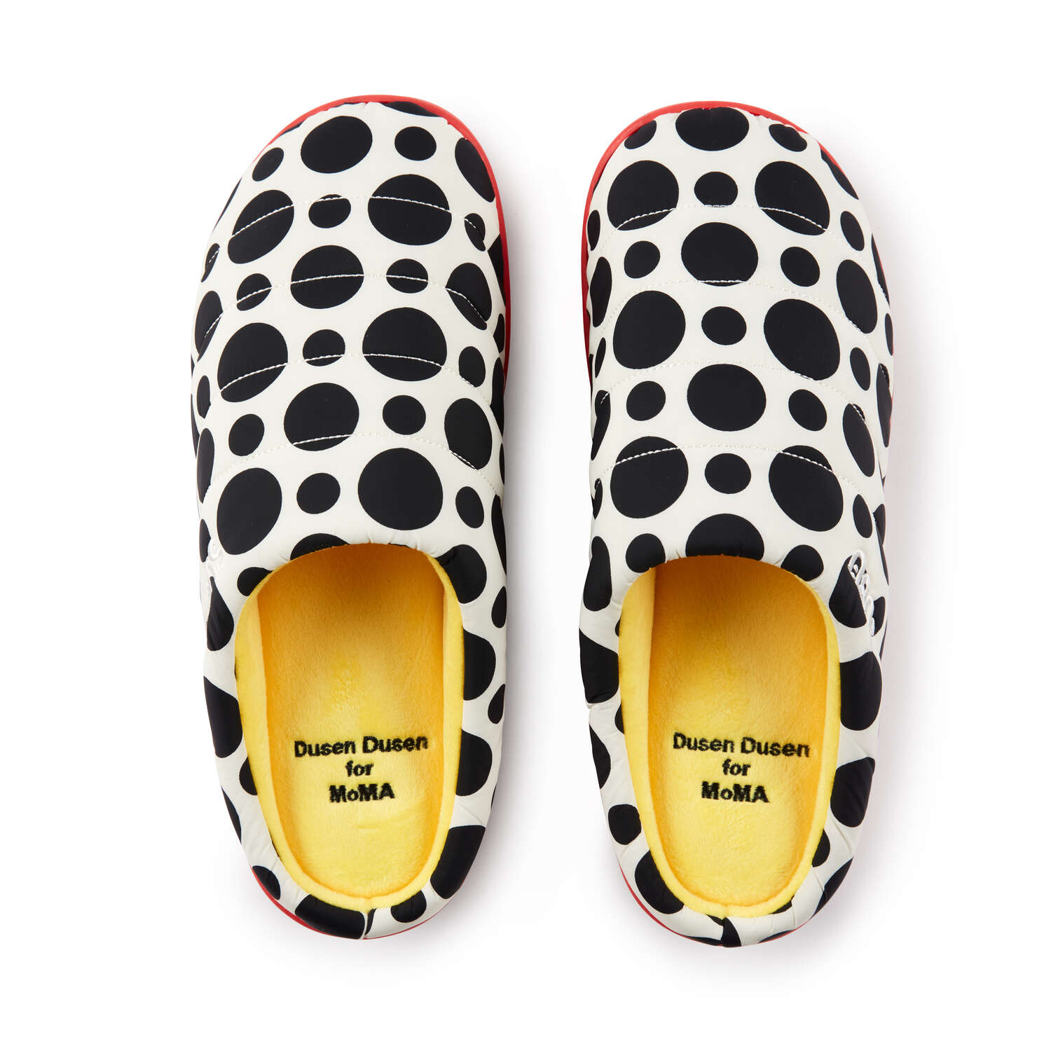 white dusen dusen slippers with black spots