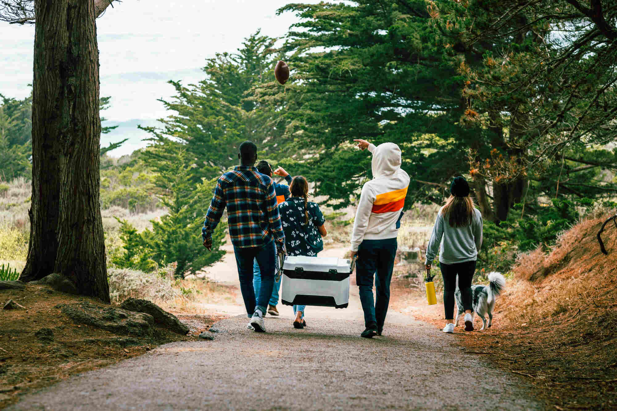 group of people carrying a cooler on a hike
