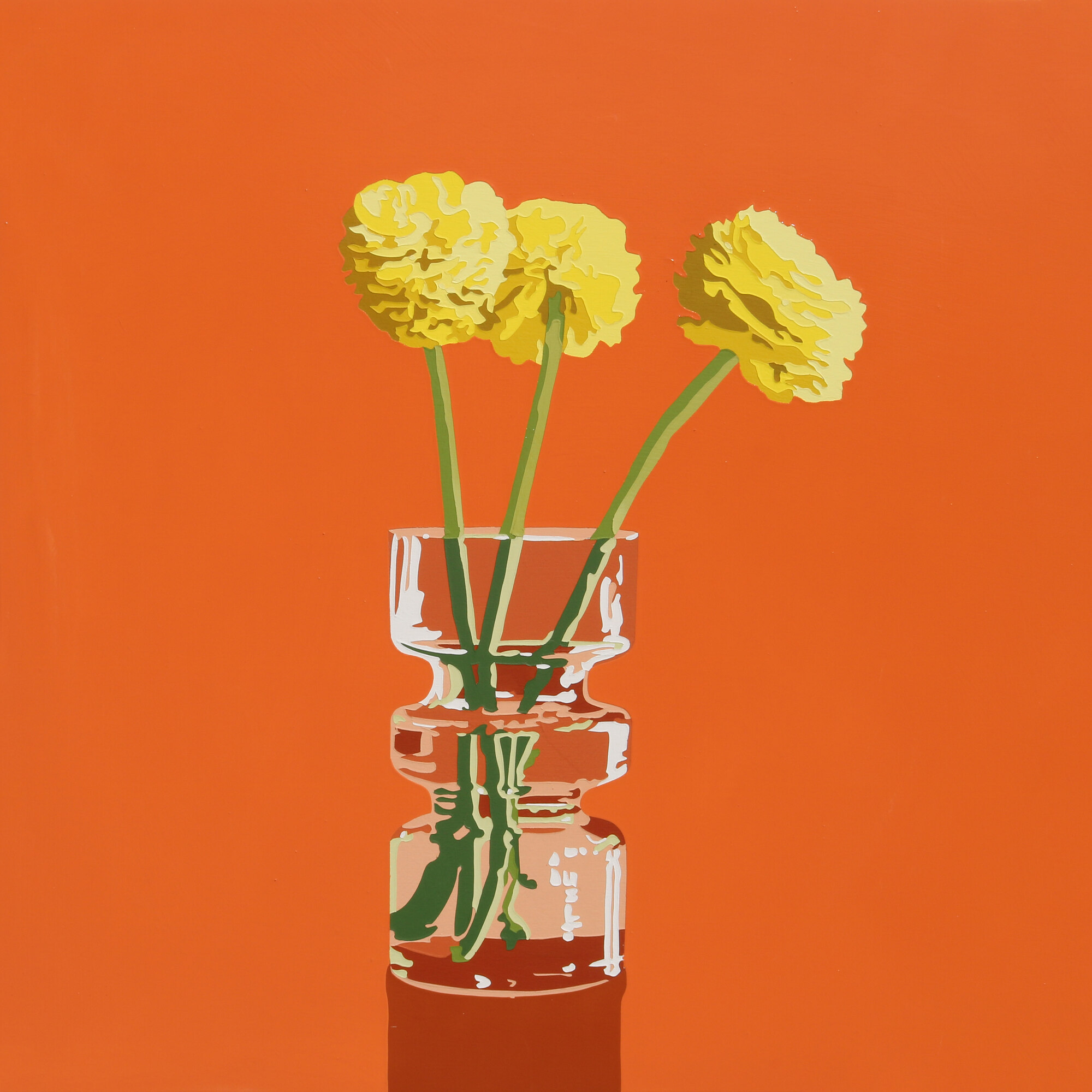 A Lori Larusso painting of yellow flowers on an orange background