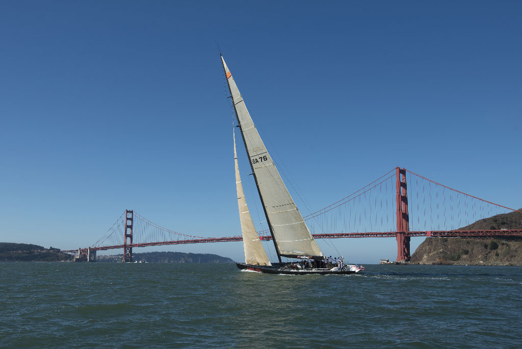An America's Cup sailboat outside San Francisco