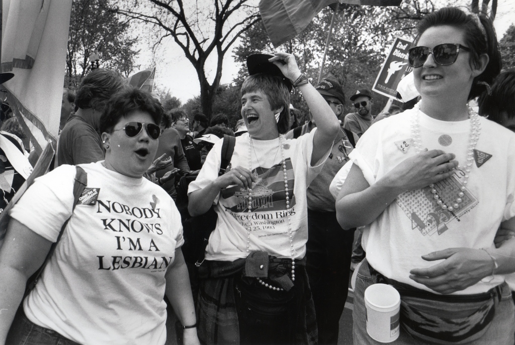 black and white image of Jane Spahr at a gay rights march