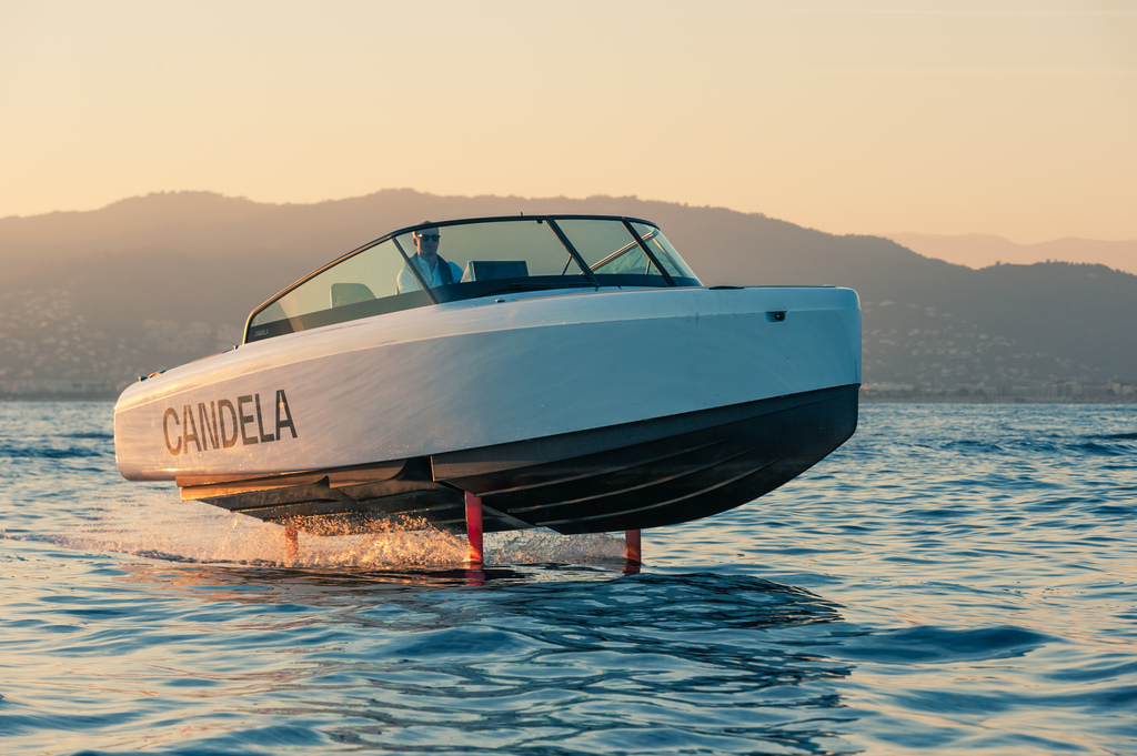 an electric Candela boat on the water