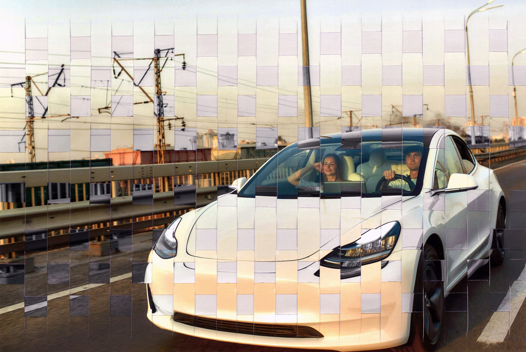 a white electric car with a checked grid pattern effect on photo 