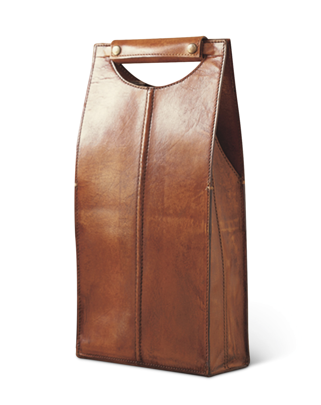 a brown leather wine carrier
