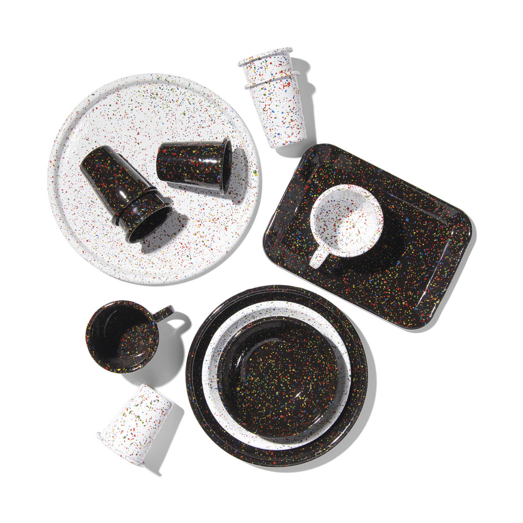 black and white splatterware enamelware from Crow Canyon Home