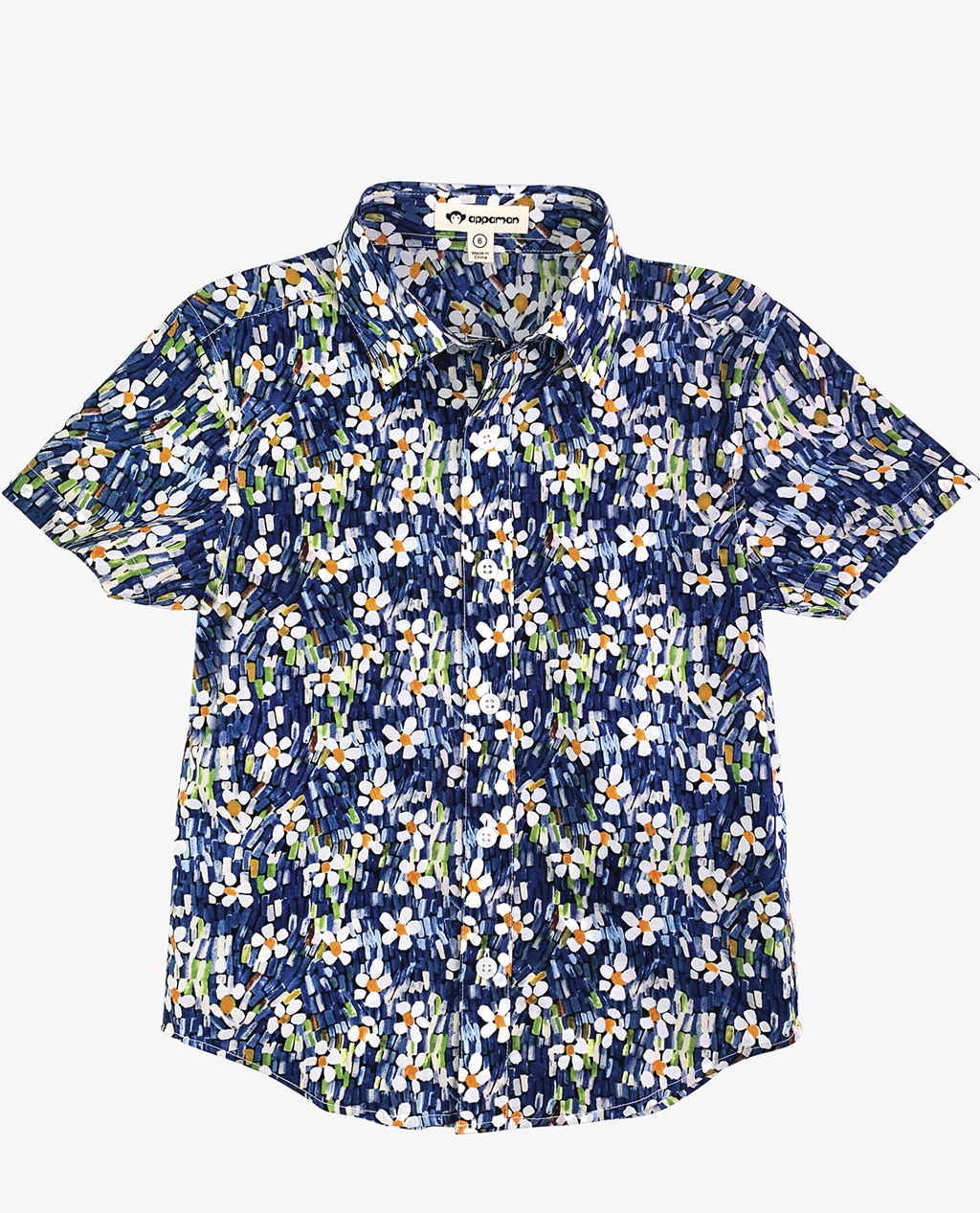 a dark blue floral print button up shirt