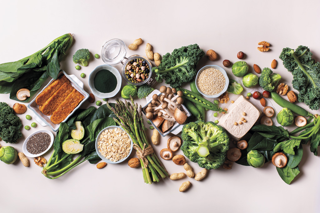 aerial image of healthy green vegetables and various grains and lean proteins