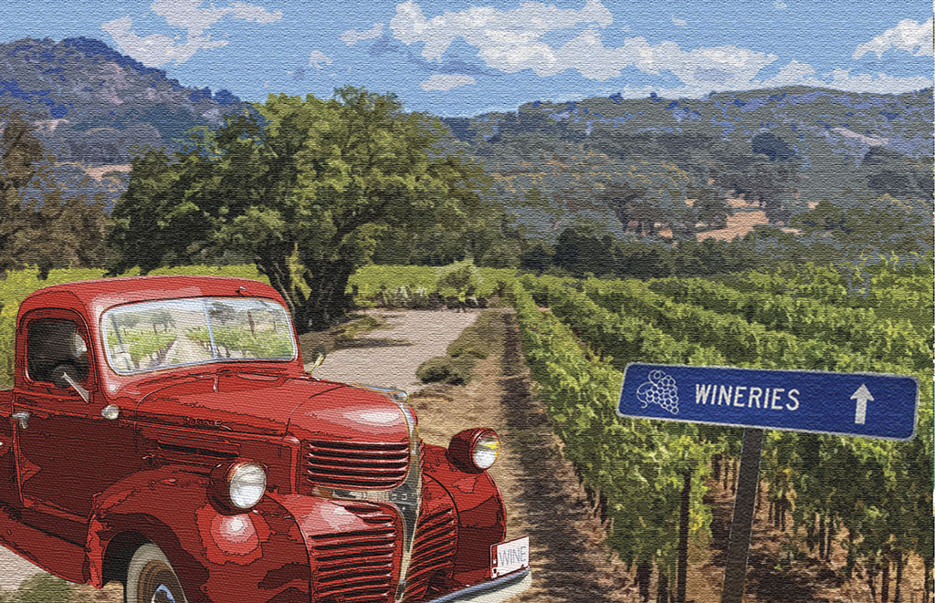 a painting of a truck in wine country